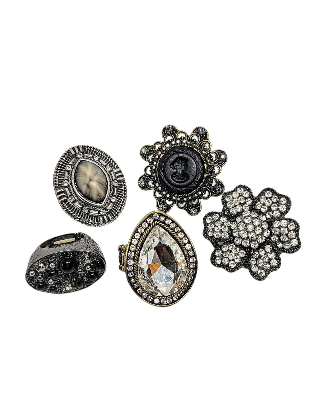 🖤 5pc Fashion Rings Goth Punk Black Cameo Rhinestone Costume Cocktail Ring Lot
